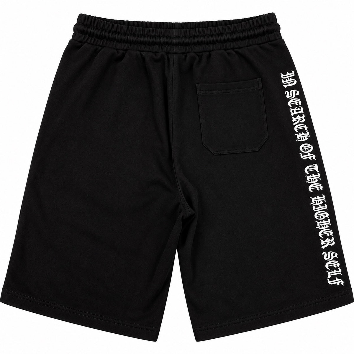 Front of black Project EL graphic shorts