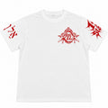 Front view of white Project EL T-shirt with red chest and sleeve graphics