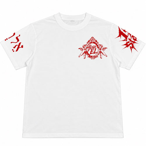 Front view of white Project EL T-shirt with red chest and sleeve graphics