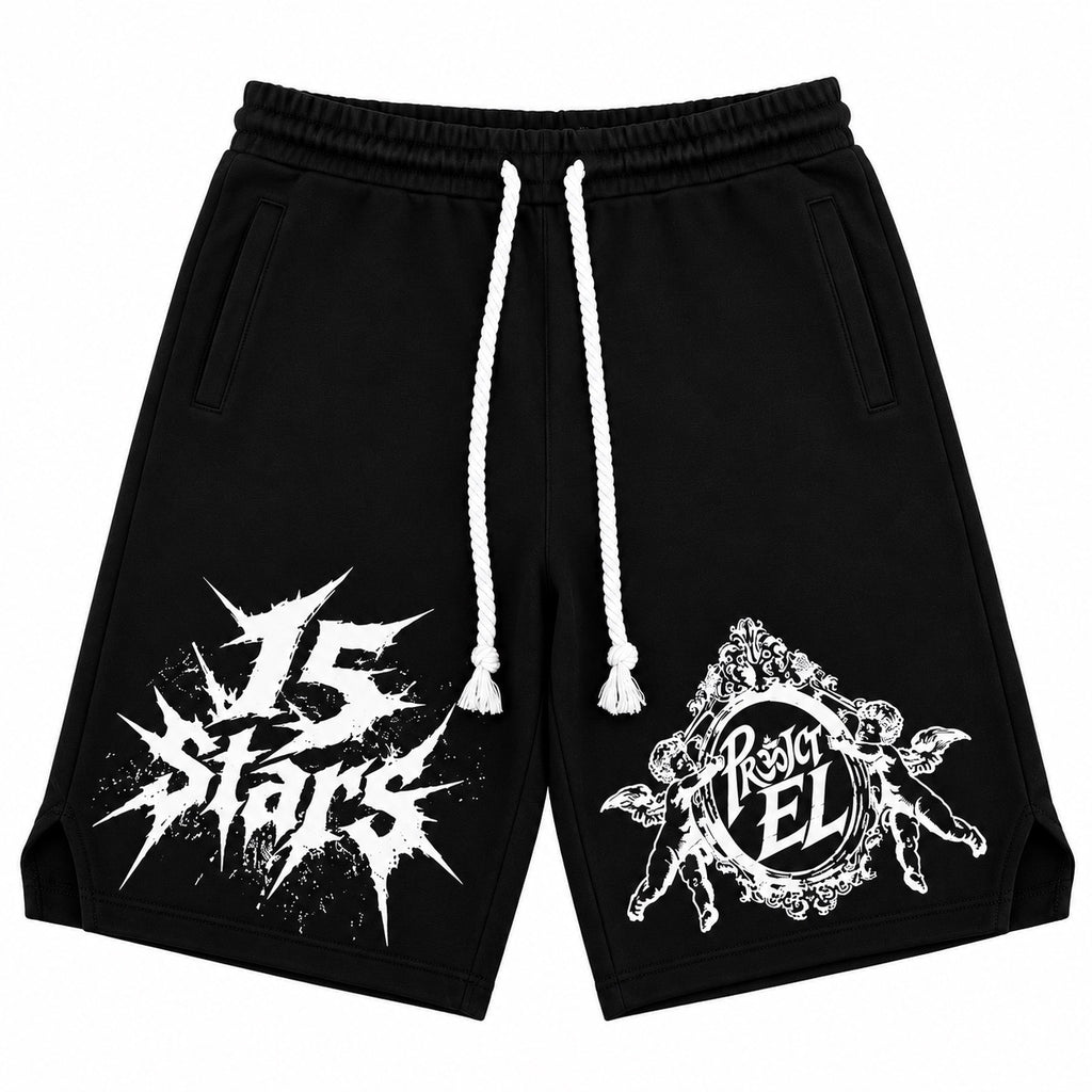 Back of black Project EL graphic shorts