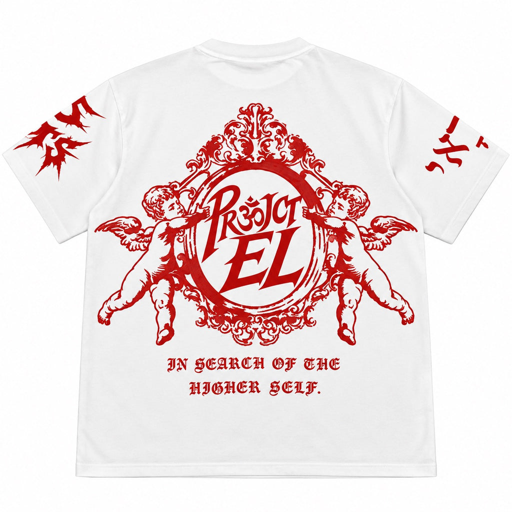 Back view of white Project EL T-shirt with red crest and In Search of the Higher Self lettering