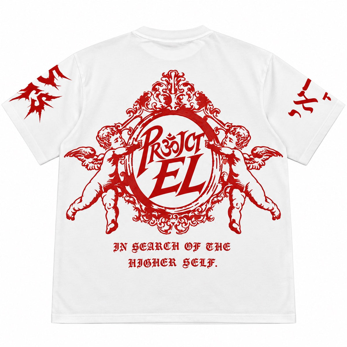 Back view of white Project EL T-shirt with red crest and In Search of the Higher Self lettering